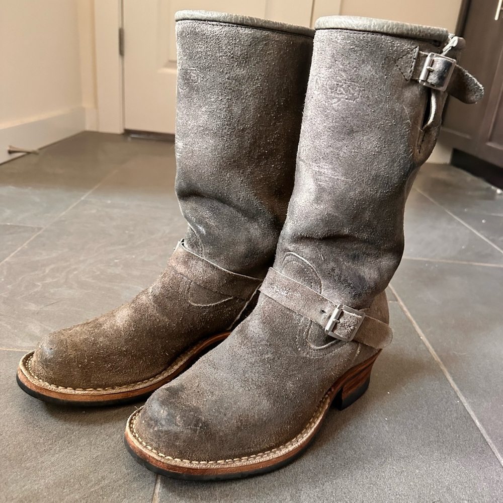 Nick’s Handmade Boots Custom Grey Roughout Engineer Boots ~10.5EE Woodsman Heel